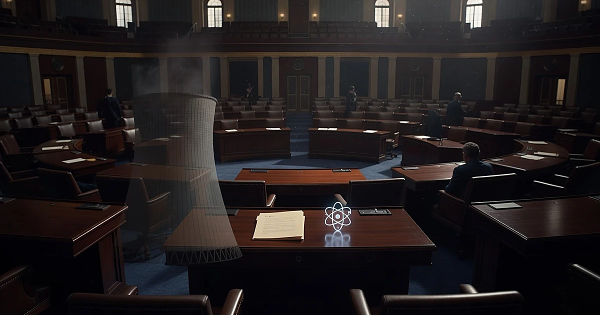 Senate chamber with nuclear cooling tower overlay and atomic symbol on desk representing nuclear agreement debate