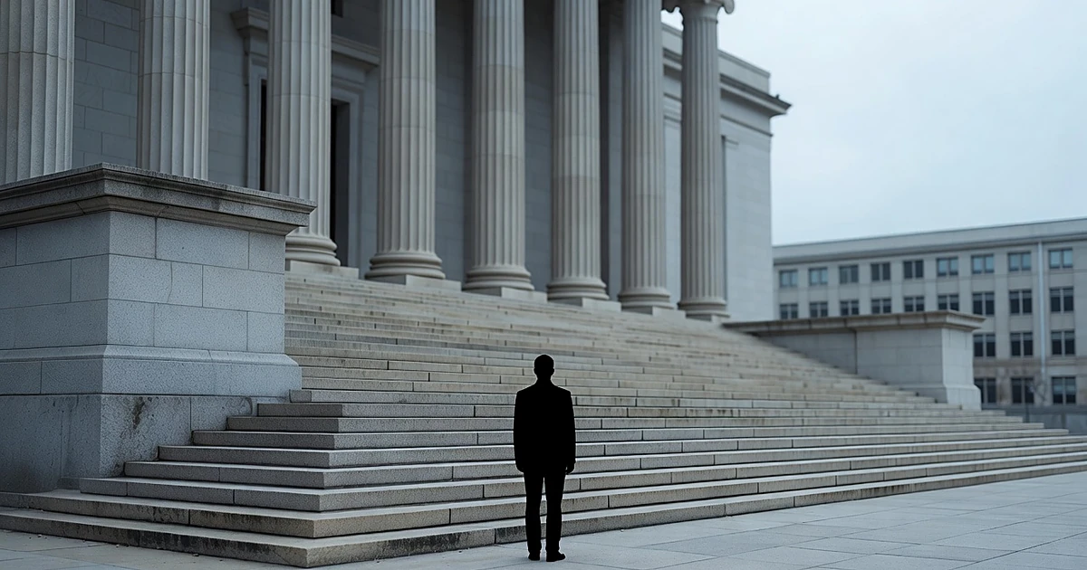 Silhouetted figure from behind facing courthouse steps with school building visible in distant background
