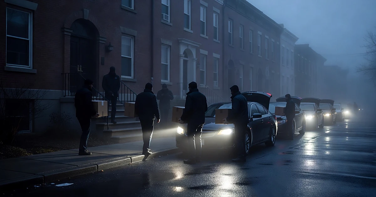 Silhouetted federal agents carry boxes from a townhouse to vehicles in pre-dawn darkness