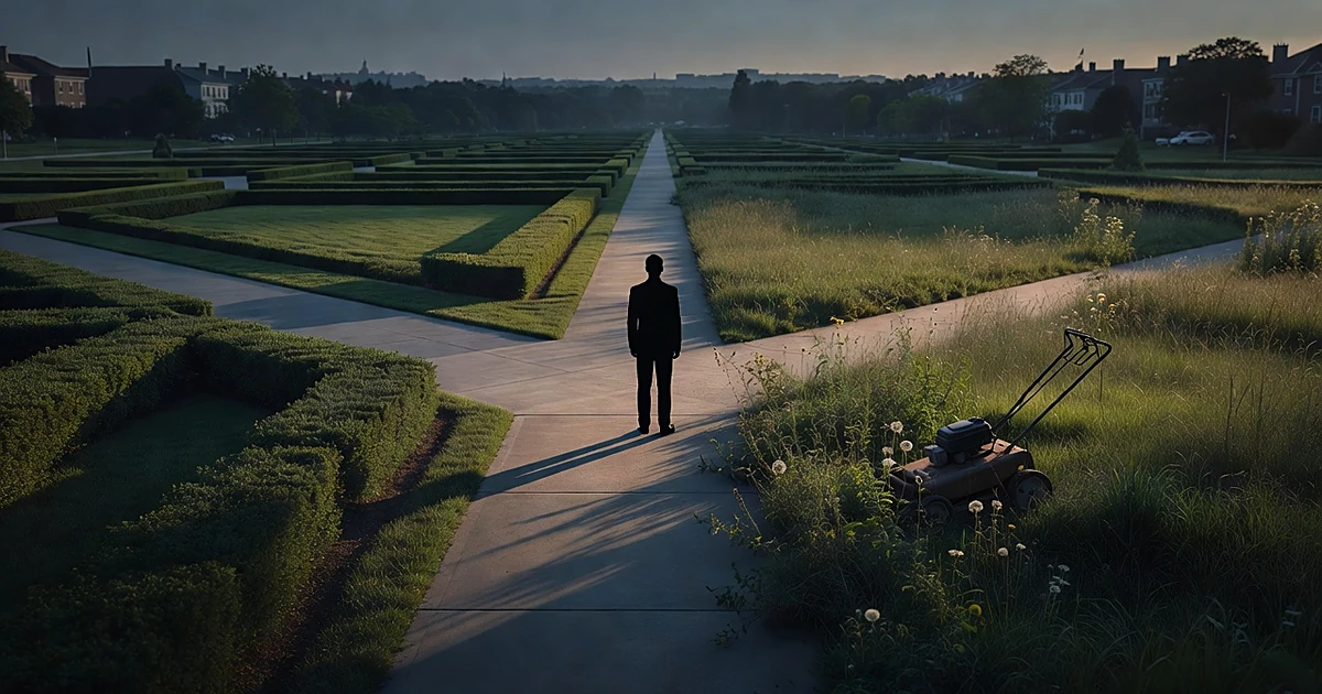 Silhouette at crossroads between manicured government lawn and overgrown suburban yard with abandoned mower