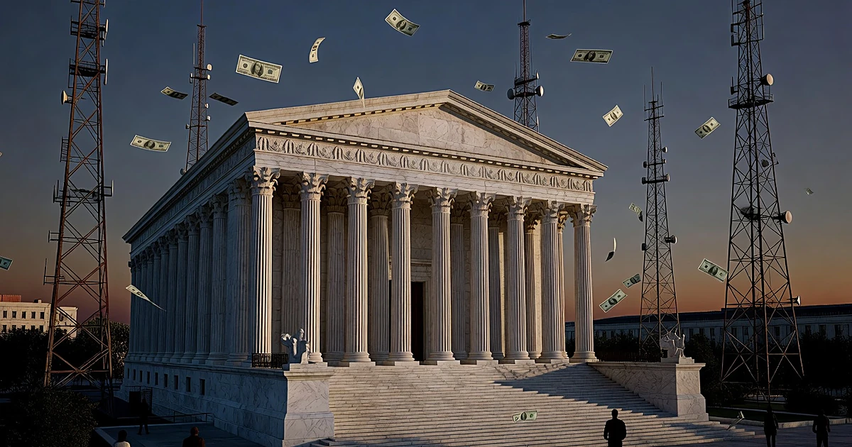 Broadcasting towers and courthouse with dollar bills drifting through the air between architectural structures