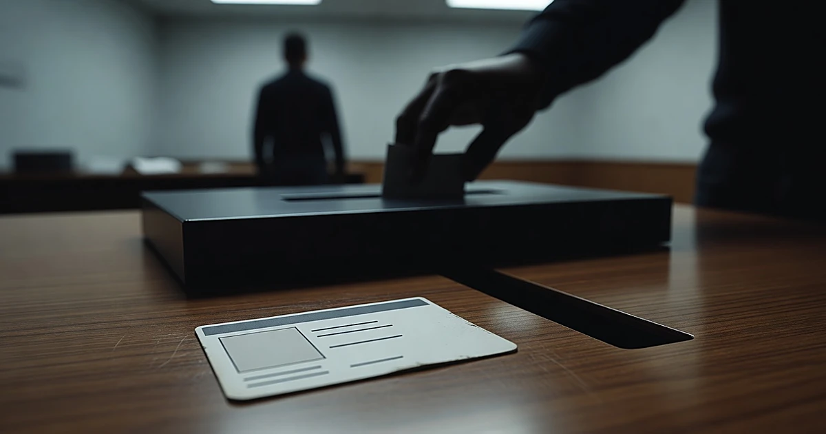 Student ID card with blank surface lies separated from ballot box slot as silhouetted hand reaches toward opening