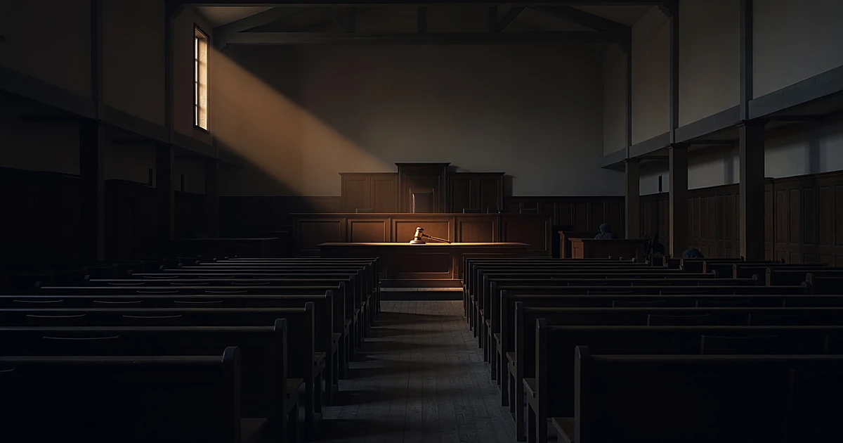 Empty military courtroom with gavel on defense table illuminated by single beam of light in shadowy chamber