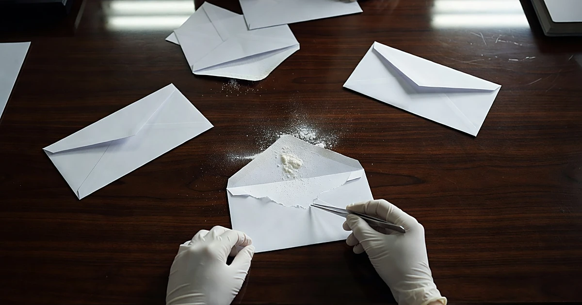 White powder spilling from opened envelope on office desk with gloved hands using tweezers in investigation scene