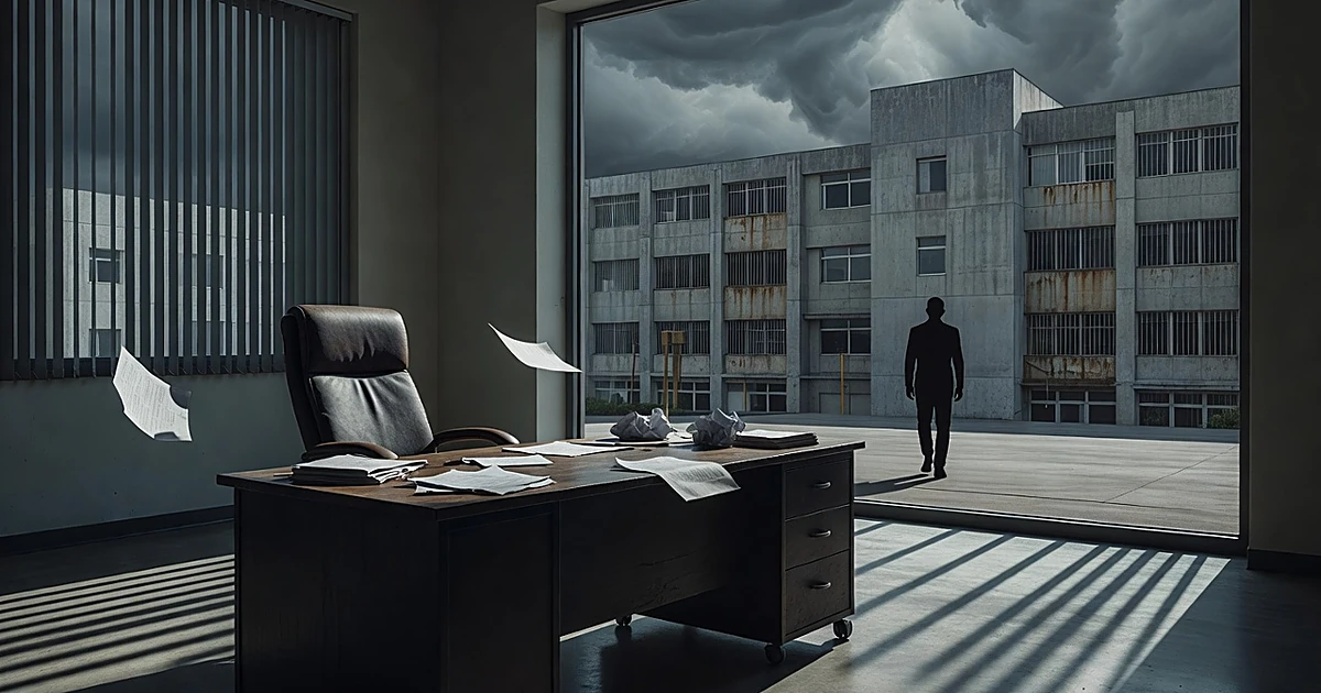 Silhouetted figure leaving institutional building, empty office chair and desk in foreground under stormy sky
