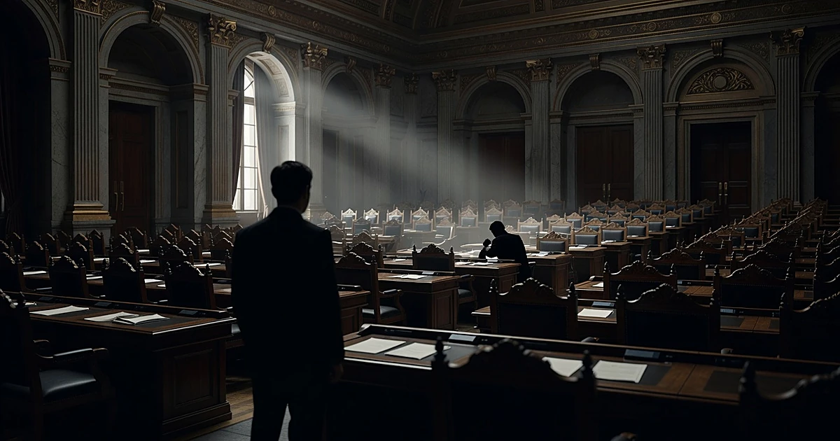 Silhouetted figures in empty Senate chamber with dramatic lighting highlighting one occupied desk among many vacant ones
