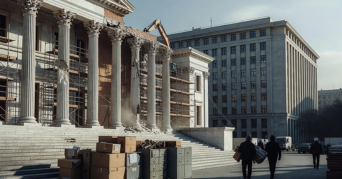 Institutional building being dismantled with boxes on steps, larger building looming behind casting shadow