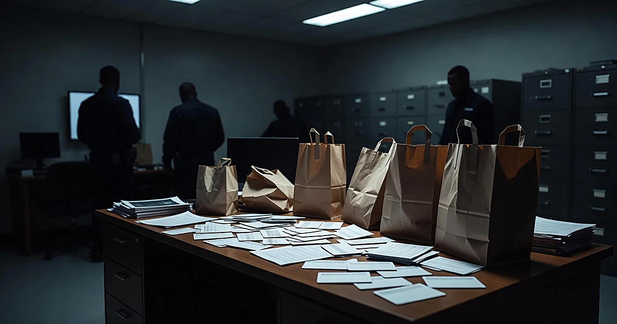 Silhouetted federal agents in office with scattered EBT cards and grocery bags on desk during fraud investigation