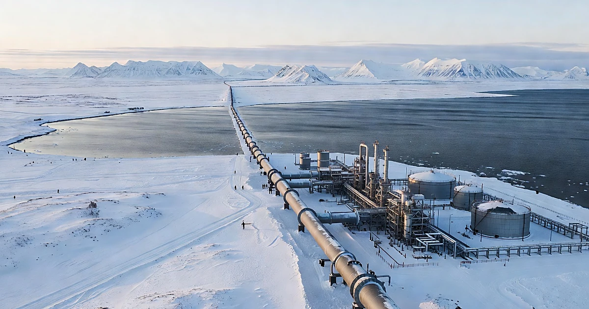 Industrial pipeline crossing snowy Alaska tundra toward coastal gas terminal with storage tanks and icy waters