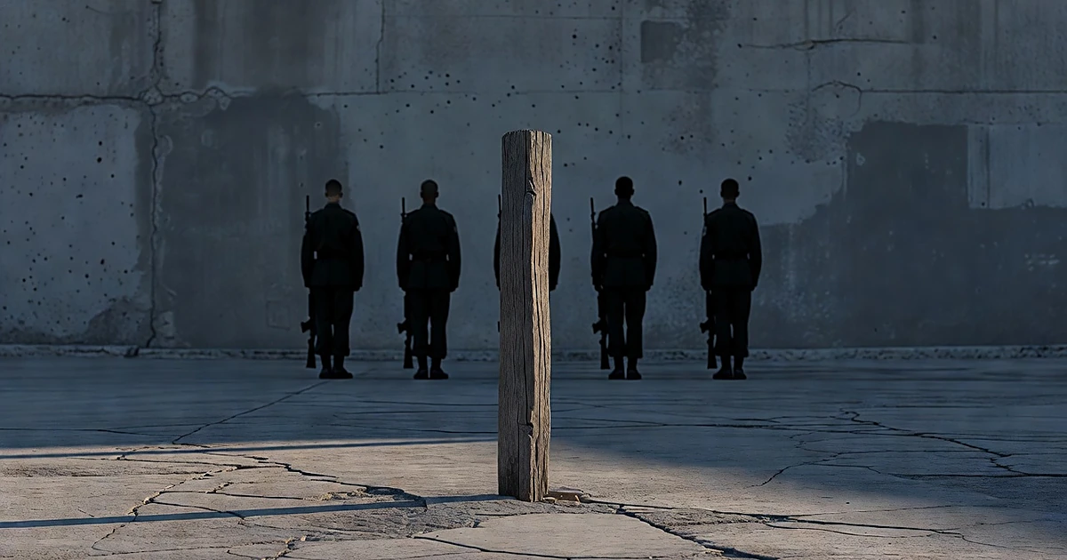 Silhouetted soldiers stand in formation before a post against a wall in a military courtyard at dawn