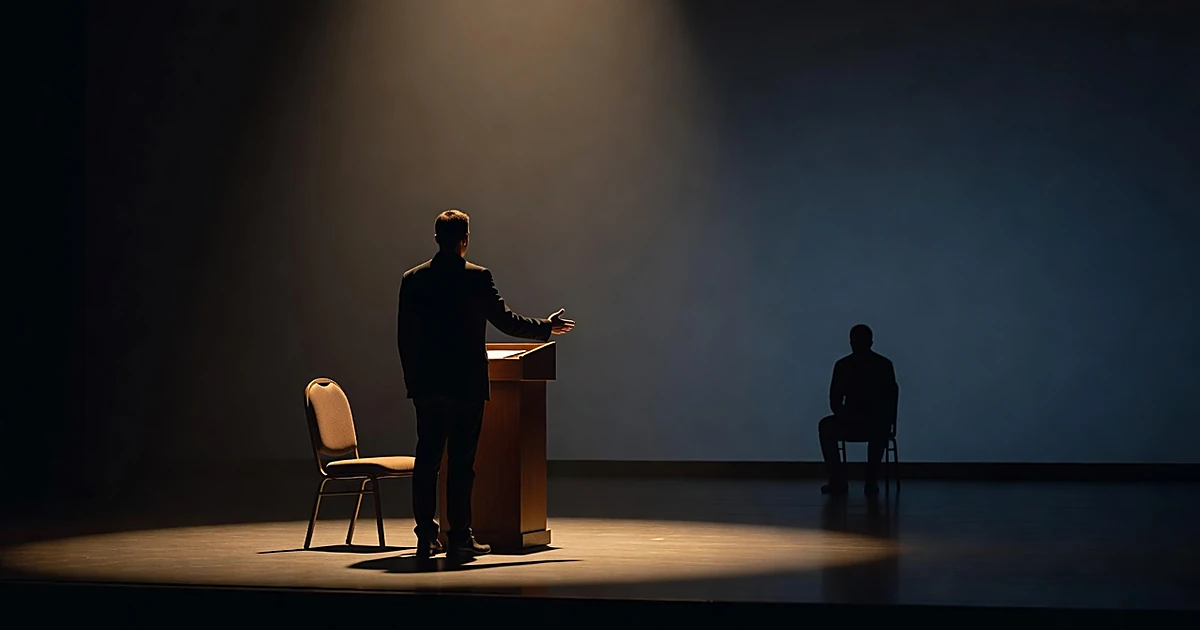 Silhouetted figure at podium gesturing toward empty chair while another figure sits isolated in shadows