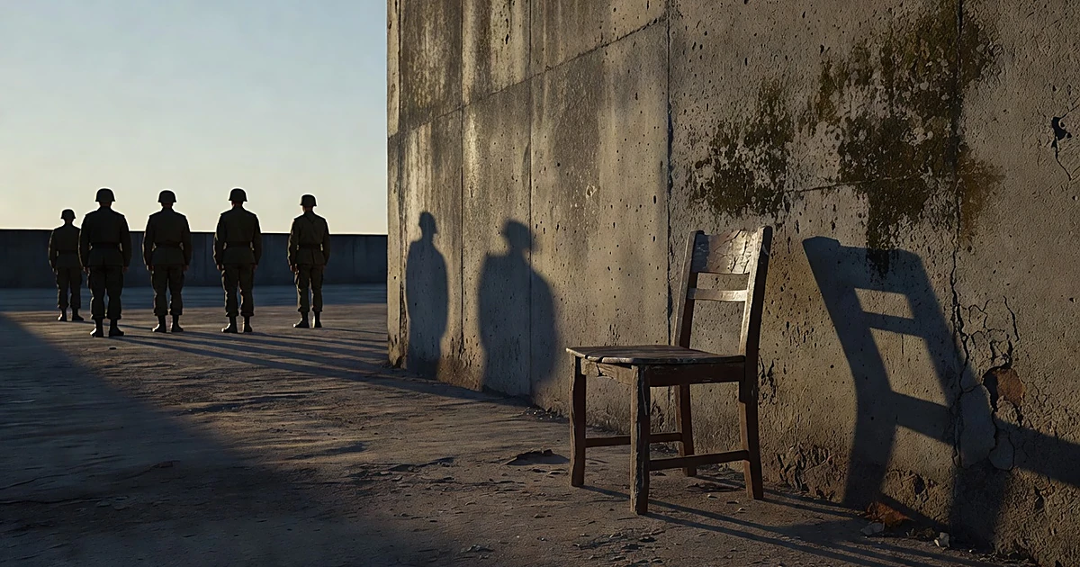 Silhouetted military figures stand in formation facing an empty chair against a concrete wall at dawn