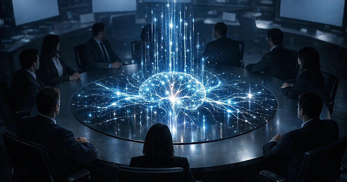 Silhouetted officials around table with holographic AI neural network projection in futuristic command center