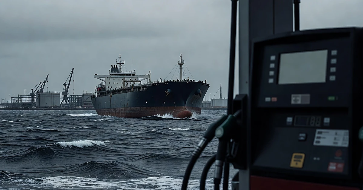 Tanker ship approaching fuel terminal with gas pump in foreground, illustrating international diesel transport