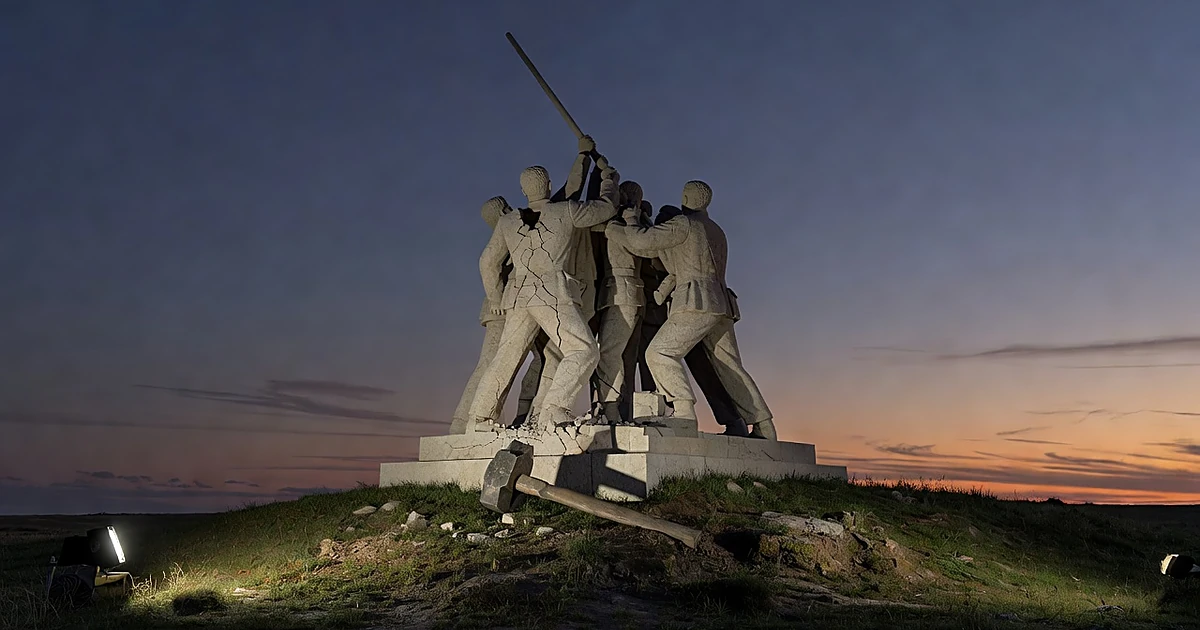 Damaged limestone military memorial statue with sledgehammer on ground at base, shown in evening light