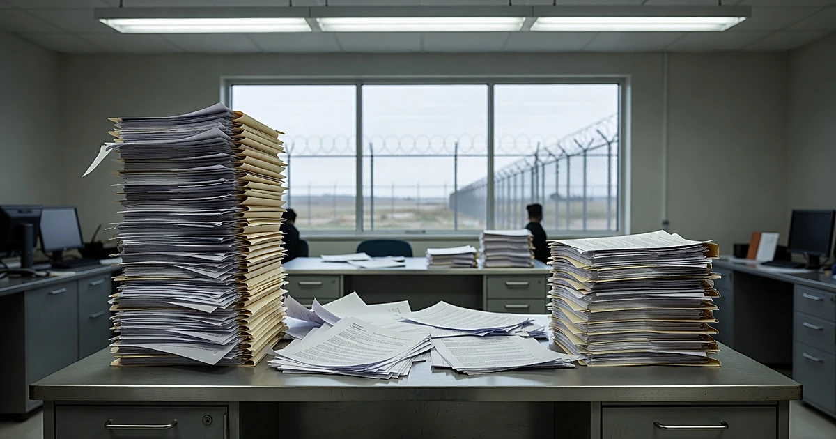 Government desk with document stacks showing dramatic reduction in paperwork, border fence visible through window