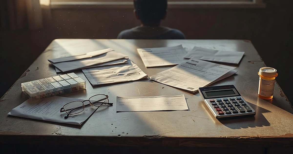 Kitchen table with pill organizer, bills, calculator, and payment check representing senior Medicare expenses