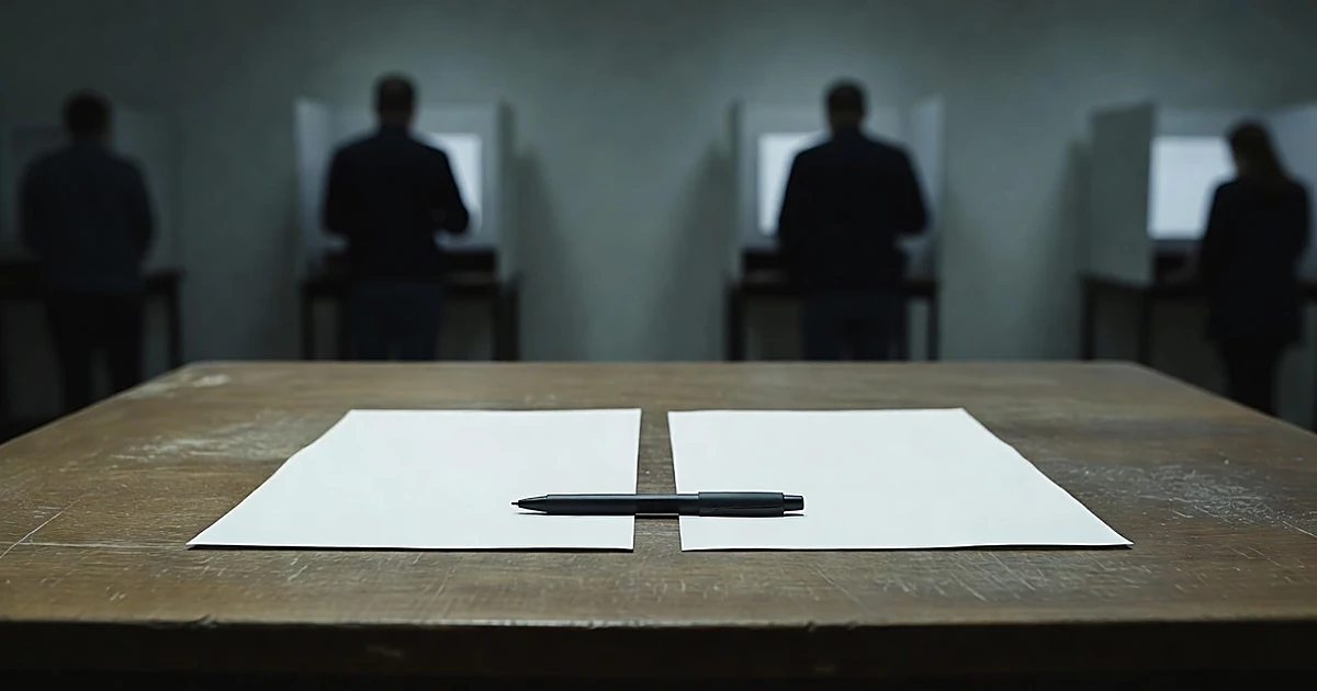 Two identical blank ballot papers on a table with a pen between them, silhouettes of voters in background