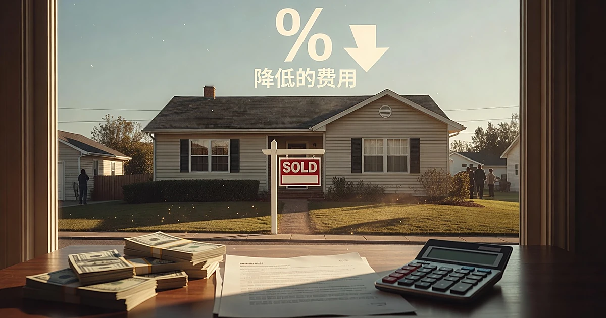 Single-family home with real estate sign and floating percentage symbols suggesting降低mortgage costs