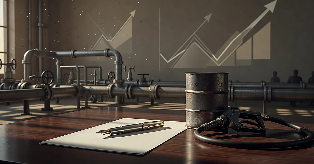 Executive pen on desk with oil barrel and gas pump nozzle, industrial pipelines visible in background