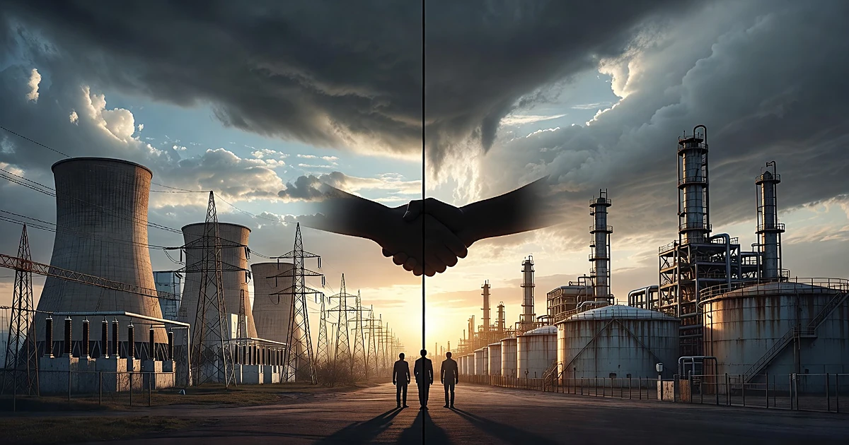 Power plant and oil refinery on opposite sides with silhouetted hands meeting in center under clearing dawn sky