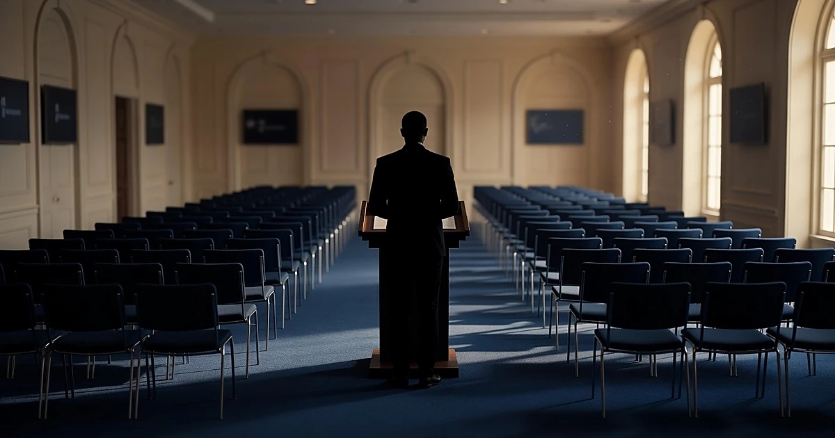 Silhouette of person at podium in empty White House briefing room with chairs and natural light
