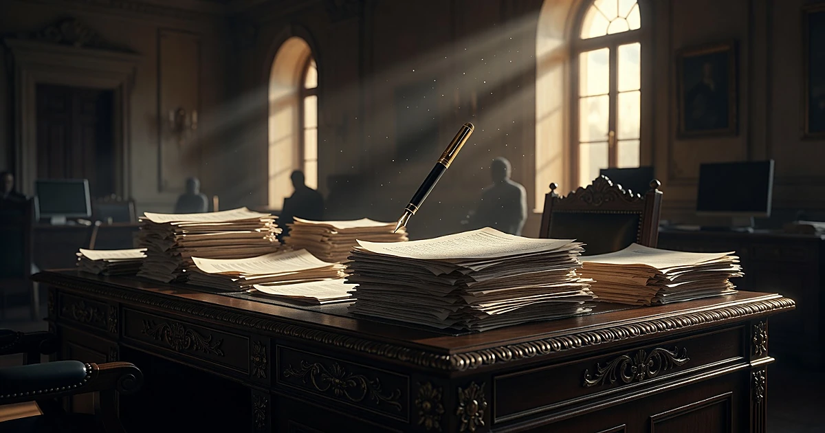 Desk with stacks of blank documents and fountain pen in shadowy office with dramatic window lighting