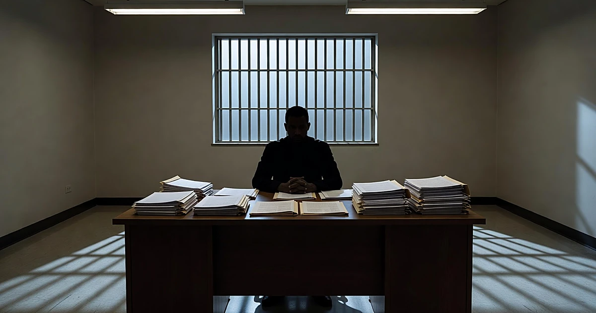 Silhouetted official at desk with documents, prison bars visible through window casting shadows across office floor