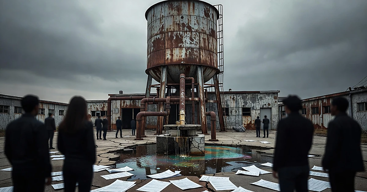 Corroded water tower at military base with silhouetted figures viewing contaminated water system and scattered documents