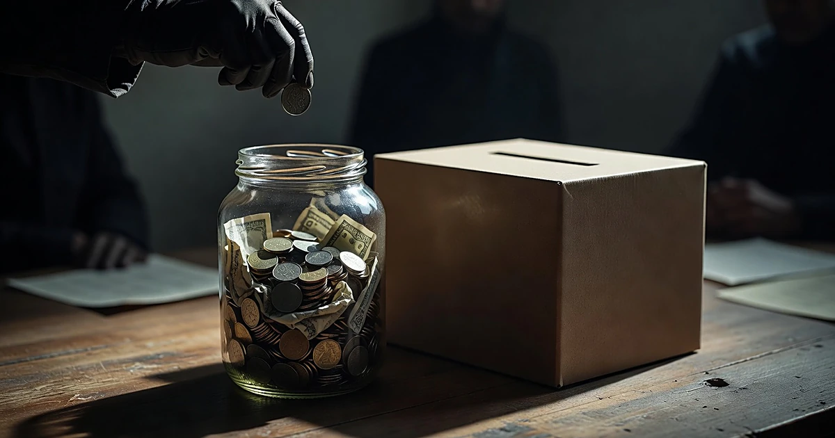 Hand dropping coin into jar of money next to blank ballot box on table with dramatic lighting