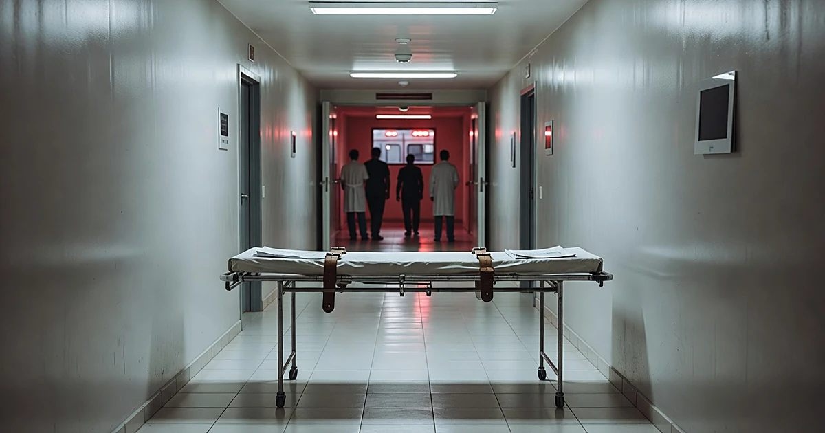 Empty execution gurney in institutional corridor with silhouetted medical personnel and ambulance lights visible