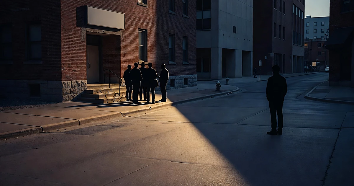 Silhouetted figures separated by dramatic lighting on an urban street, depicting political division