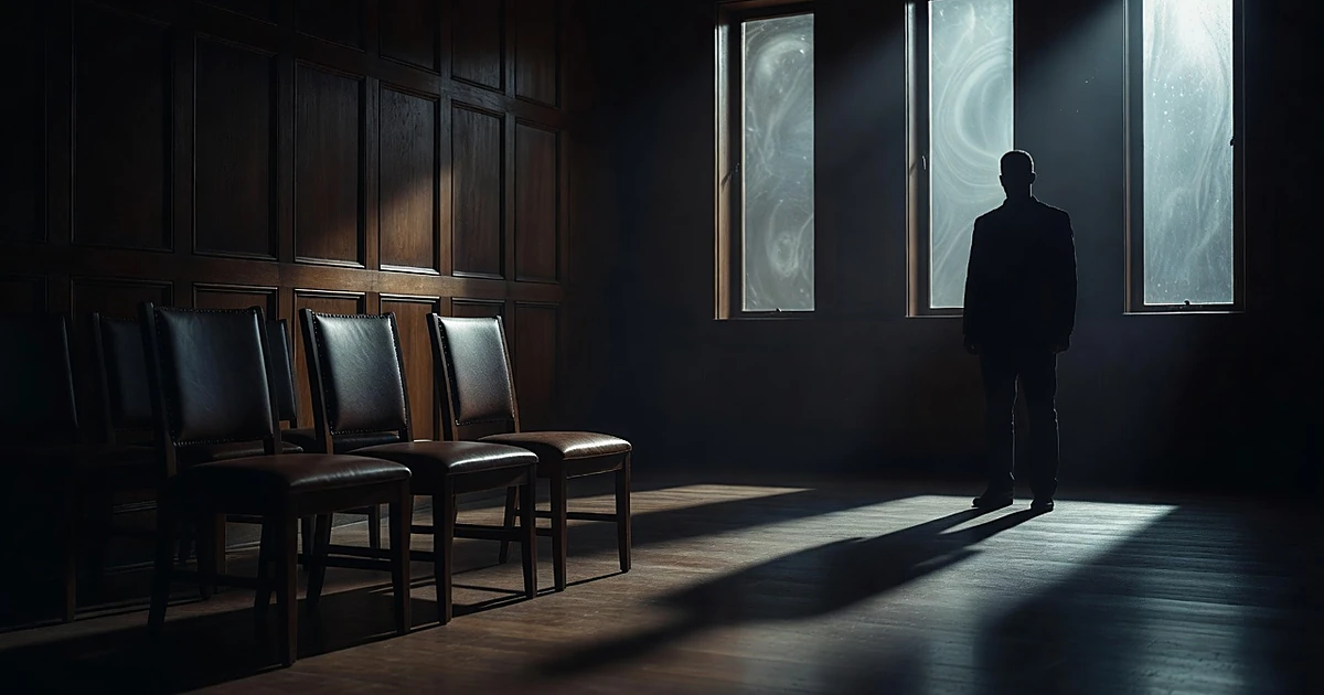 Silhouetted figure stands in light opposite three empty chairs in shadows, suggesting power and potential consequences