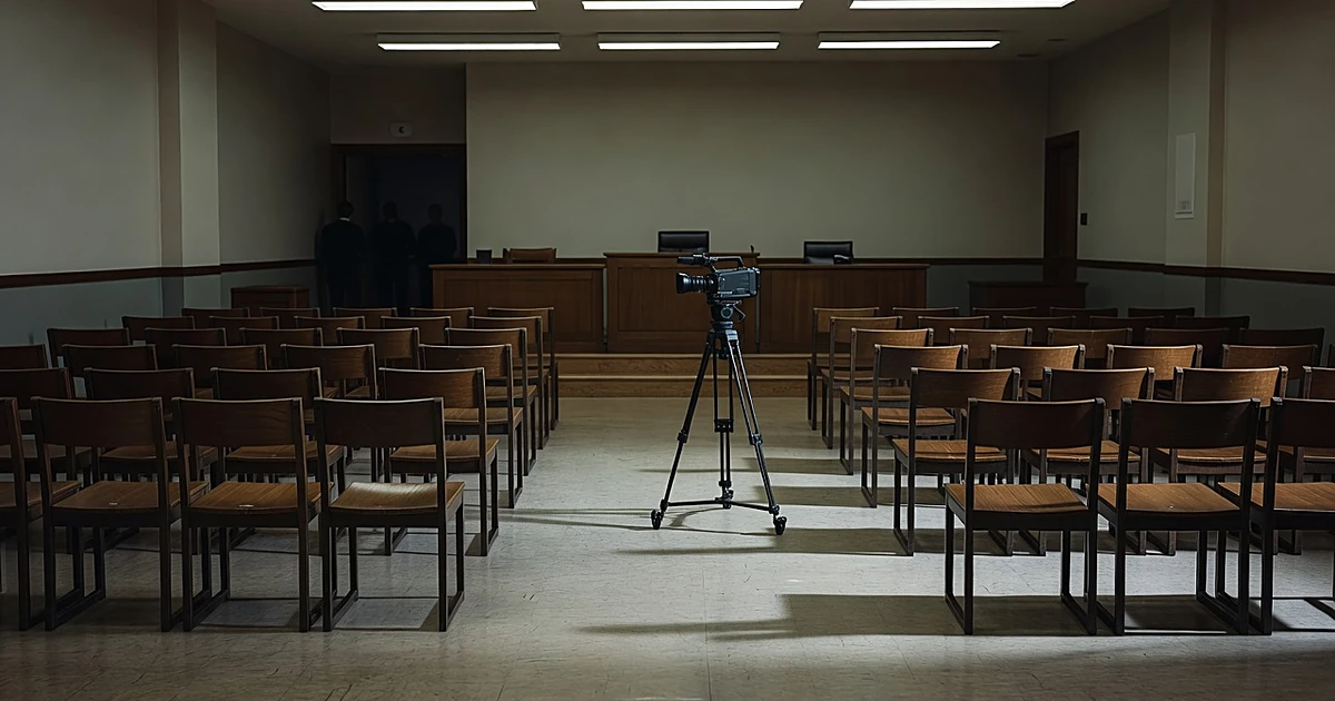 Empty military courtroom with unmanned video equipment facing a platform, silhouetted figures in background