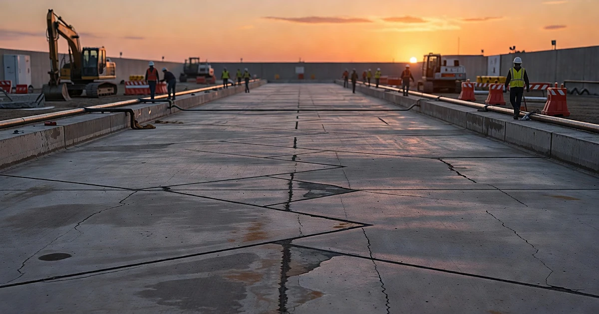 Empty drained reflecting pool under repair with construction equipment and worker silhouettes at sunset