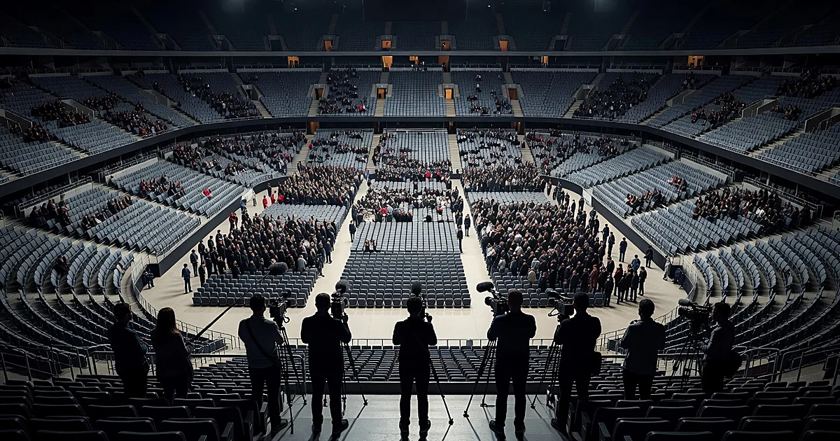 Aerial view of arena with mixed empty and filled seats, silhouettes of media personnel in foreground