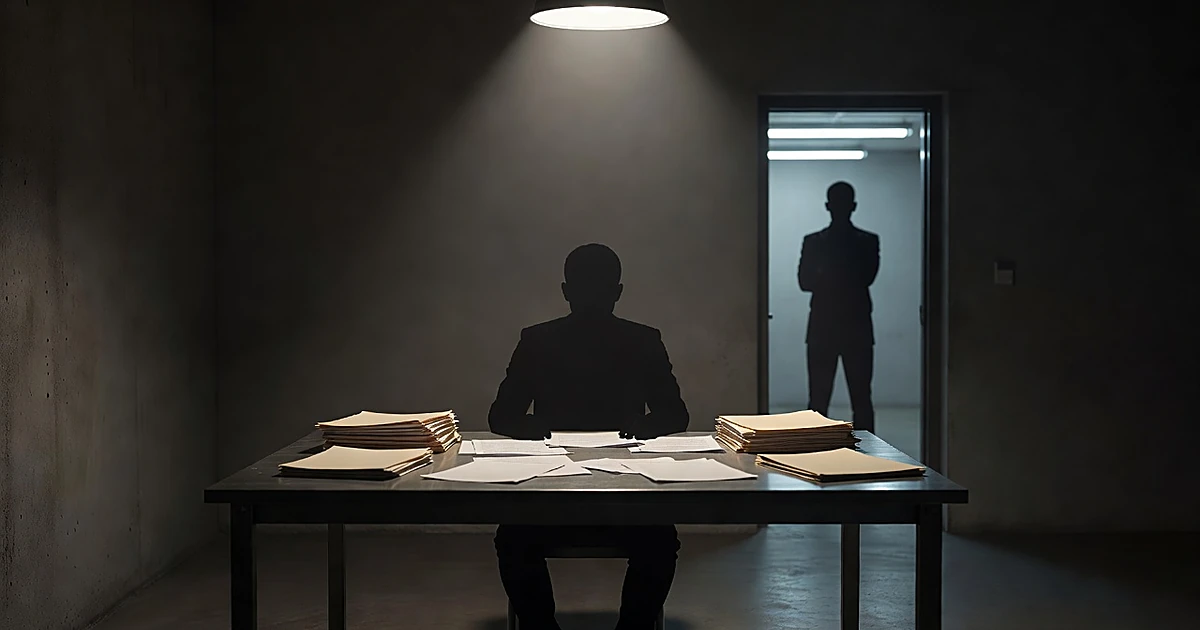 Silhouetted person at table with documents in institutional room as official figure stands in doorway