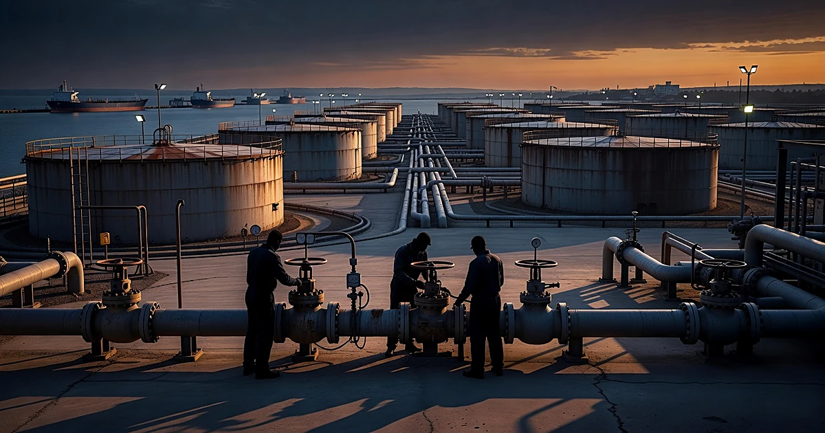 Industrial diesel storage tanks and pipelines at a port facility with silhouetted workers operating valve systems