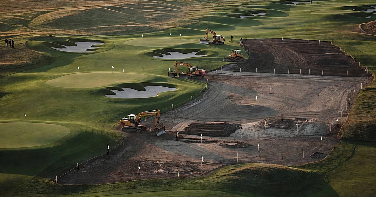 Aerial view of golf course with construction equipment positioned at edge of fairways preparing for renovation work