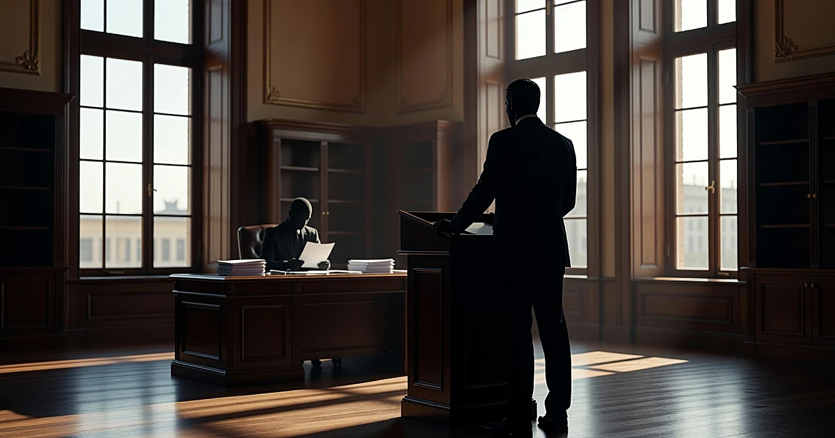 Silhouetted figures in White House office, one at podium, one at desk, with warm window light creating stable atmosphere