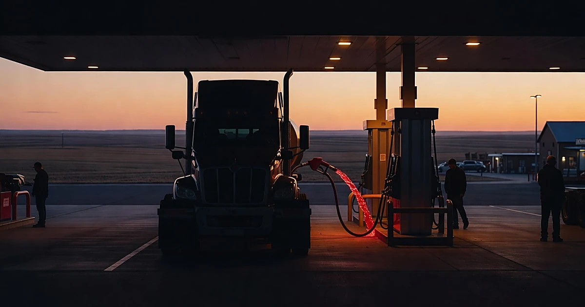 Silhouetted truck at fuel pump with red-dyed diesel flowing through transparent hose at prairie truck stop