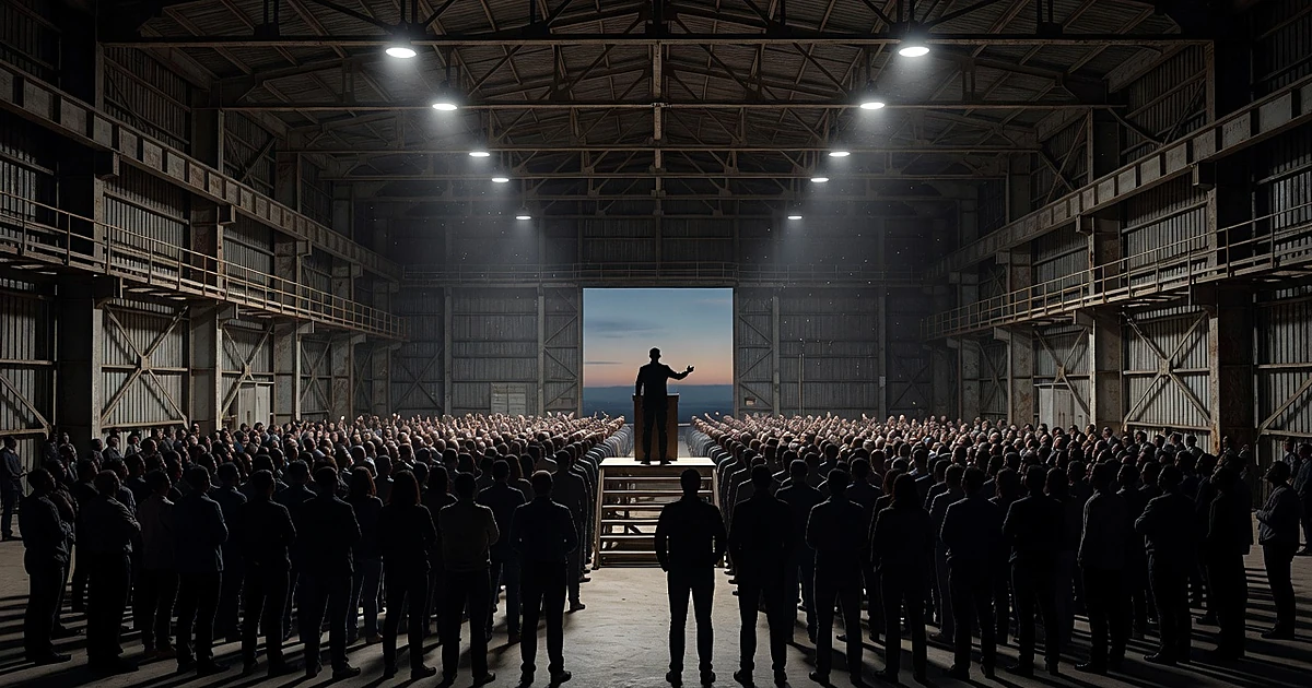 Silhouetted speaker at podium addressing crowd of silhouettes inside large aircraft hangar with dramatic lighting
