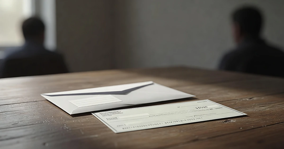 A $500 check and official envelope on a table with silhouetted figures in the background