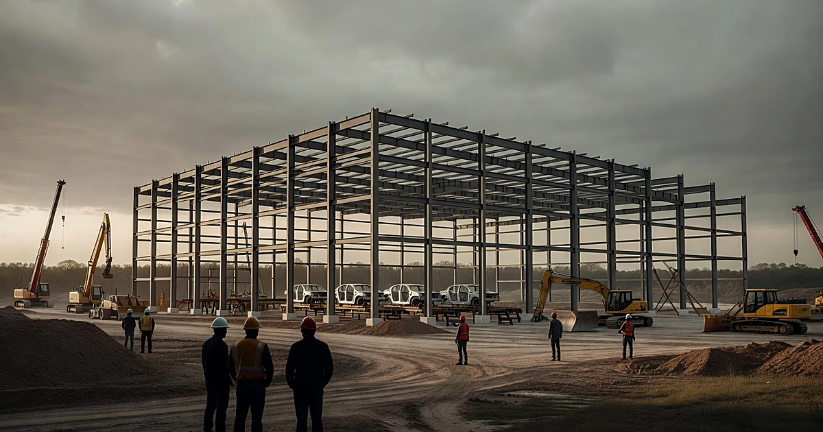 Automotive manufacturing plant under construction with workers silhouetted observing assembly line structures