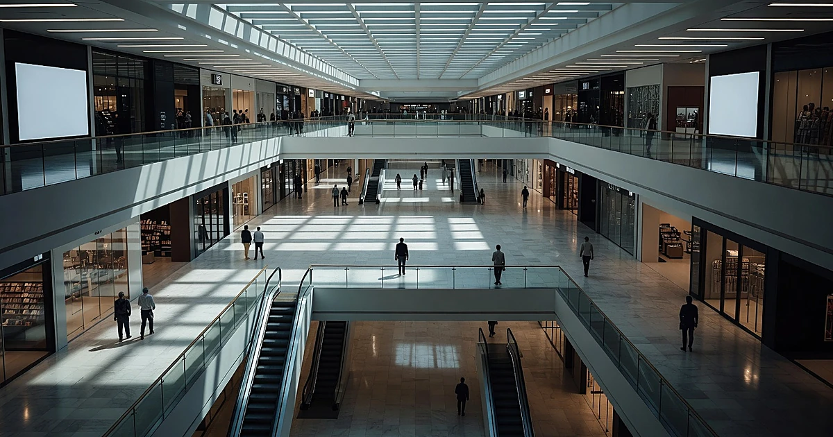 Multi-level shopping mall interior with distant silhouetted figures under cold lighting creating an atmosphere of unease