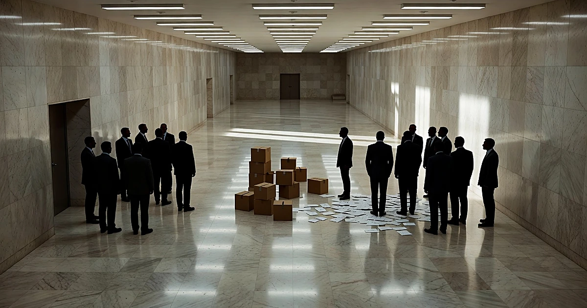 Silhouetted officials on opposite sides of corridor with ballot boxes between them in government building