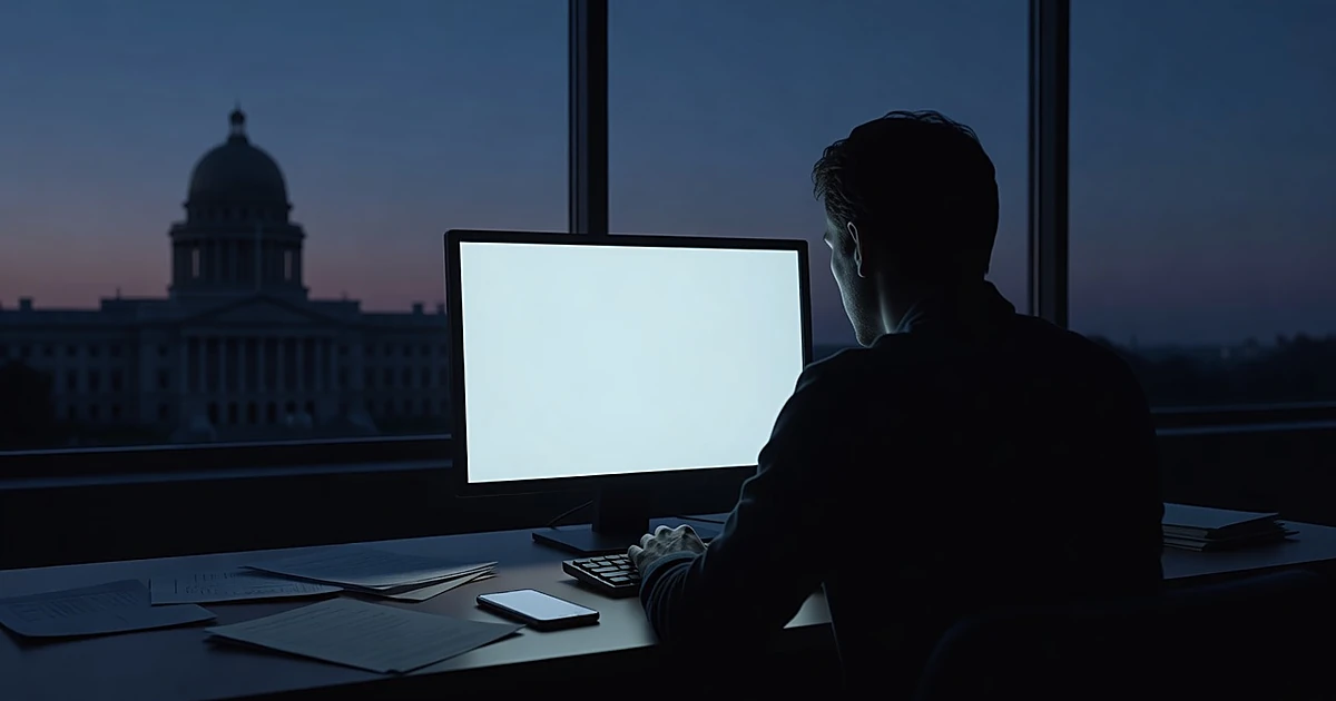 Silhouetted person at computer with government building visible through window in background at dusk
