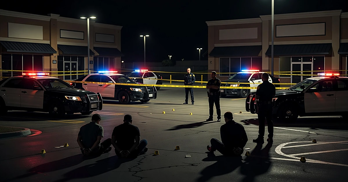 Night scene of strip mall parking lot with police vehicles, crime scene tape, and silhouettes of detained people