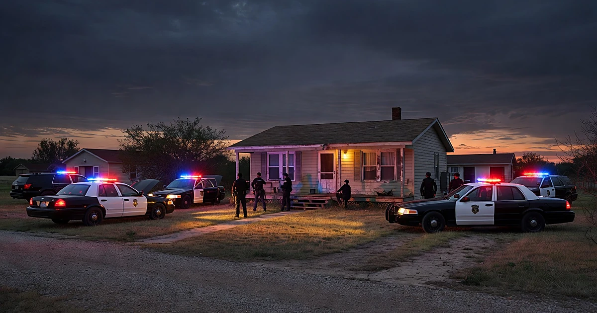 Police vehicles with emergency lights surrounding a rural Texas home at dusk during a warrant service operation