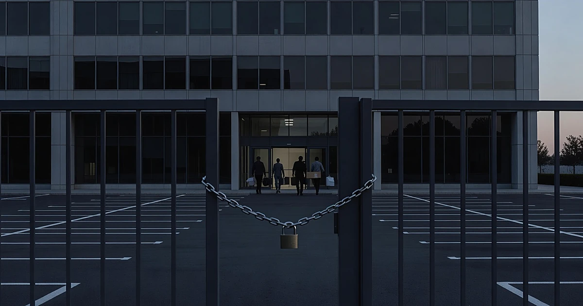 Office building with workers leaving as chain locks gate, symbolizing corporate visa program suspension